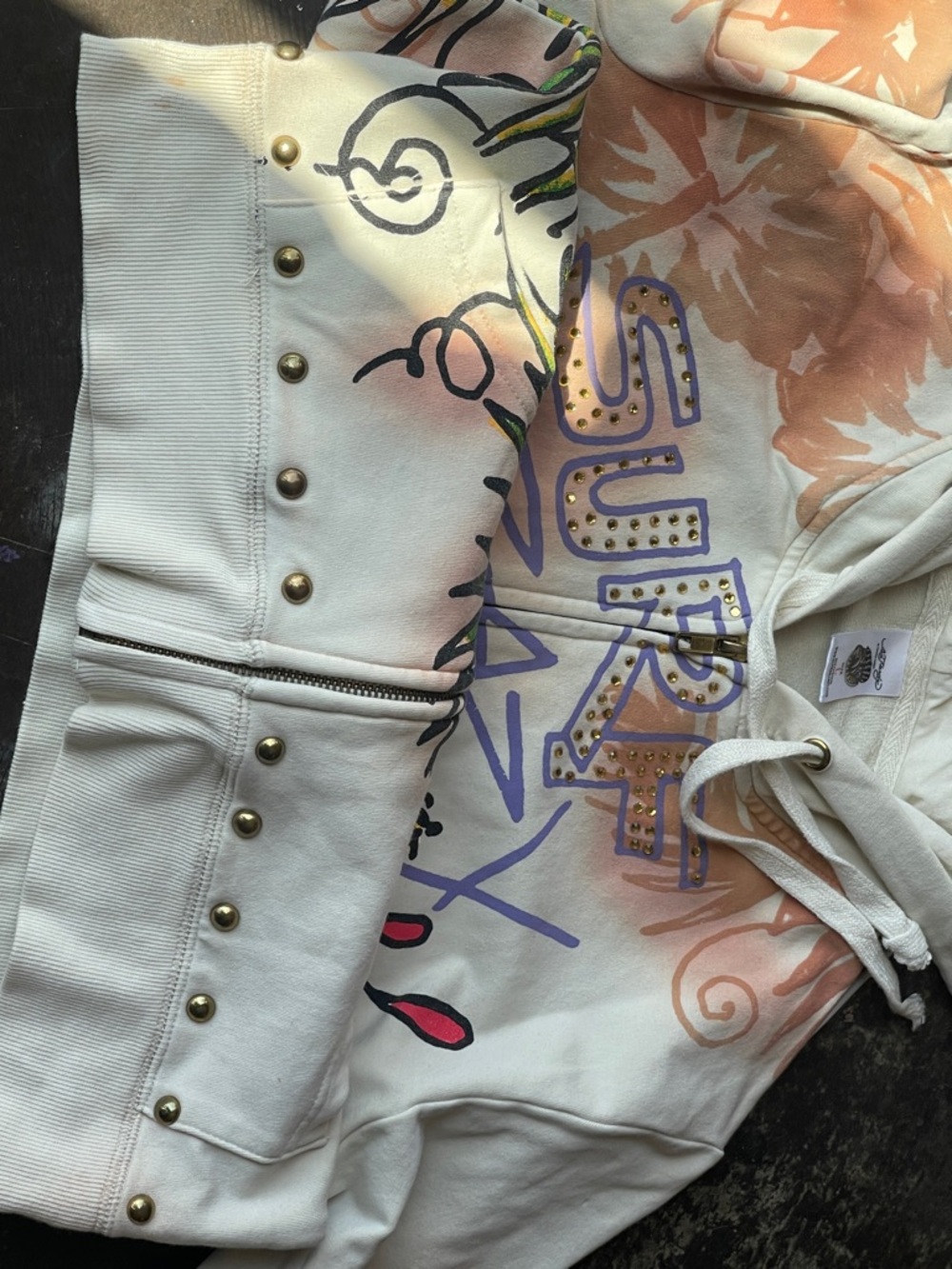Ed Hardy Cream Hoodie with Purple and Gold Stud Accents - Picture 10 of 13